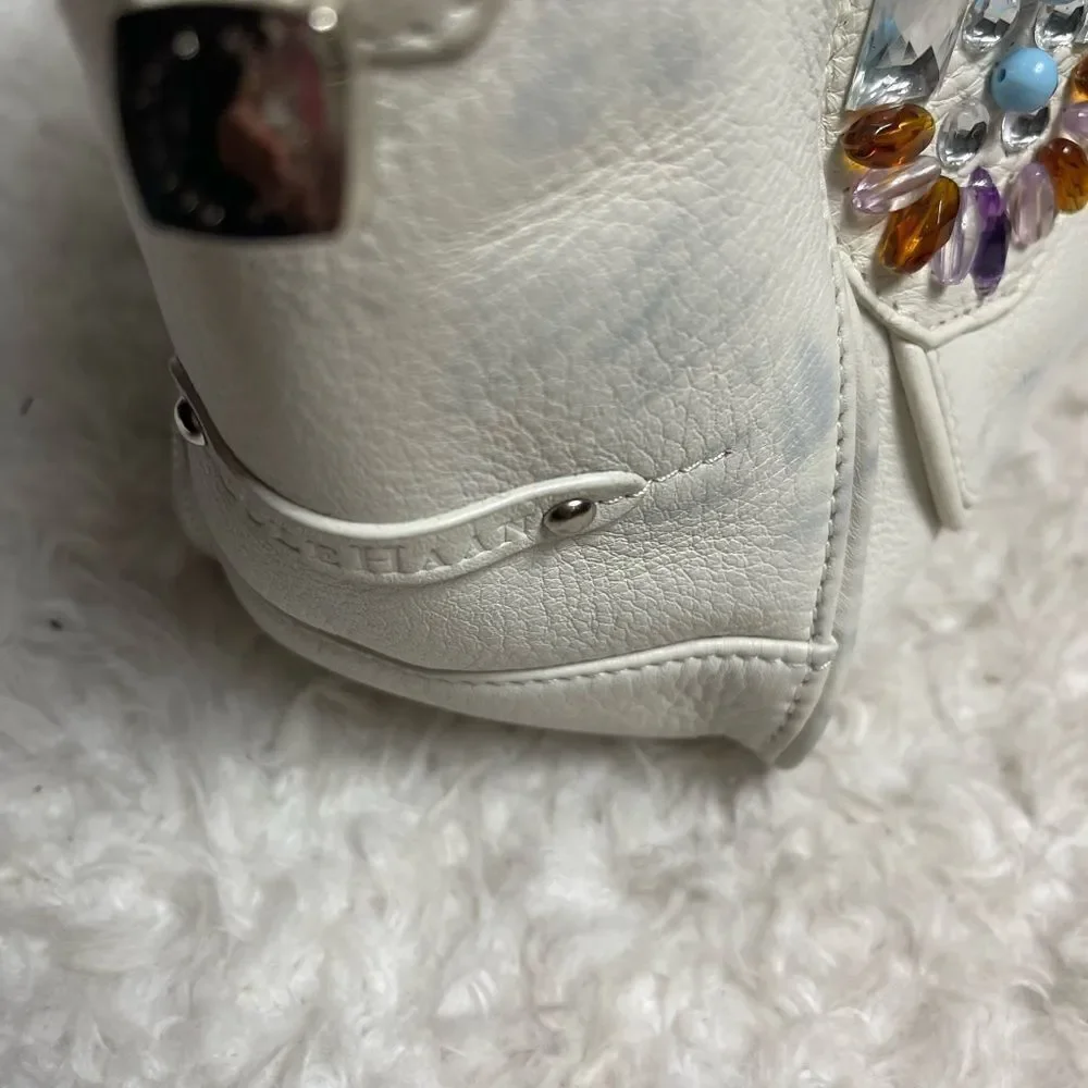 Cole Haan Sydney white leather large shoulder bag with multi color stones accent